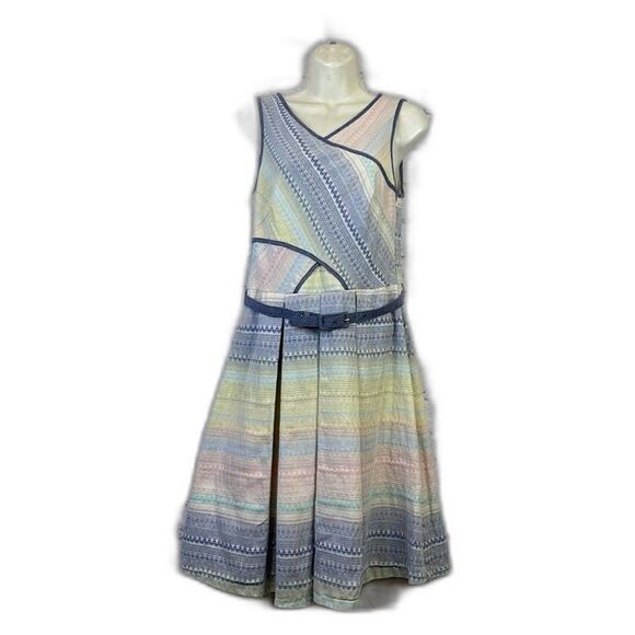 Eva Franco Anthropologie  Dress Sz 4 Fit Flare Belted Geometric Print - Picture 1 of 12